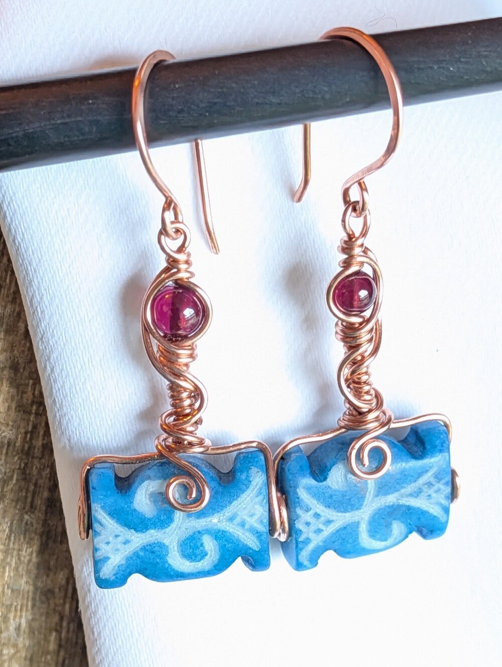 Viking Inspired Earrings Carved Vintage Glass And Garnets In Copper - Picture 2 of 16